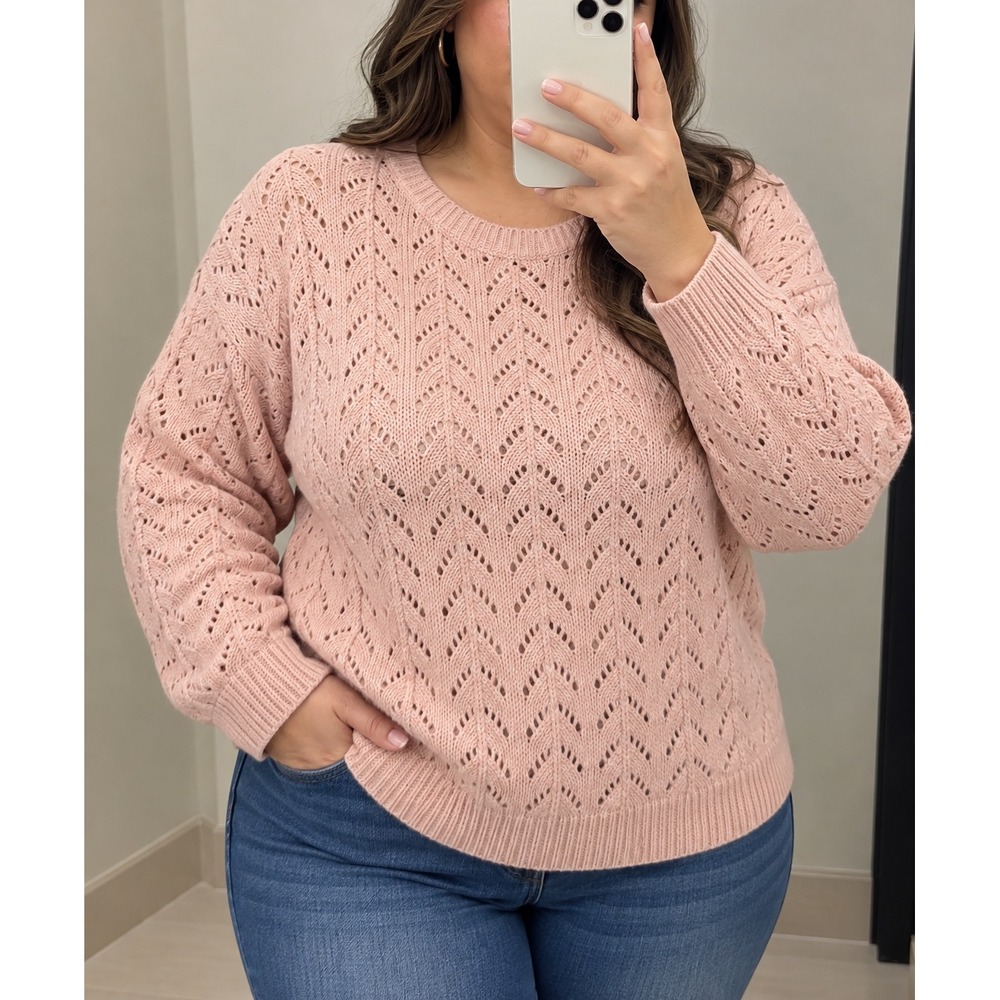 HM Divided Pink Pointelle Knit Chevron Sweater Large Crewneck Pullover C6-587